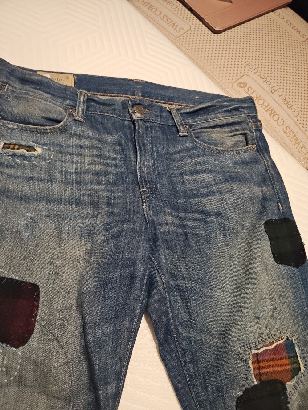 Polo by Ralph Lauren Slim Straight Distressed Blue Jeans with Plaid Patches - Picture 16 of 16